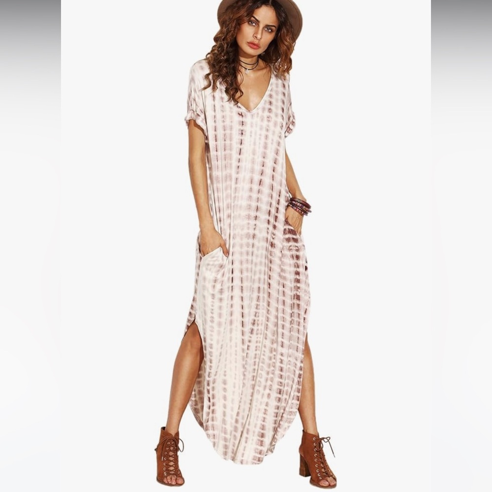 Women's Boho Maxi Short Sleeve Split Pockets Tie Dye Long Dress